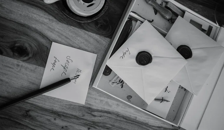 Addressed envelopes with wax seals and a pen on a wooden desk